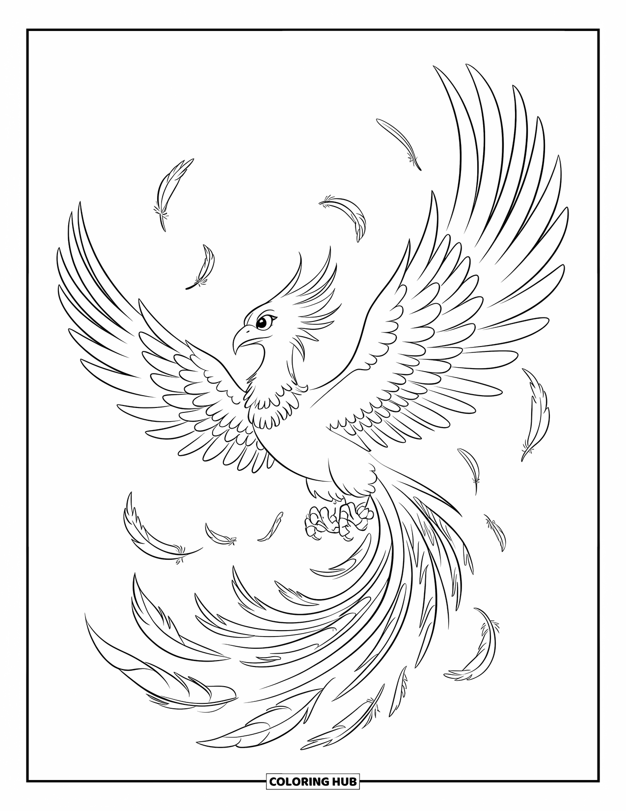 Fantasy Coloring Page for Kids: A phoenix soars with wide wings surrounded by drifting feathers