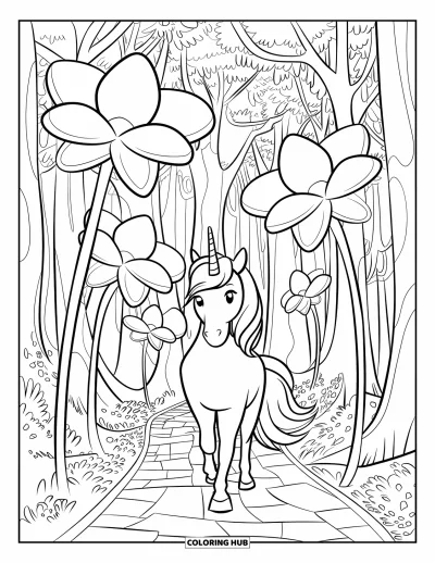 Fantasy-fargeleggingsark for barn: En enhjørning glir langs en lysende blomstersti i skogen