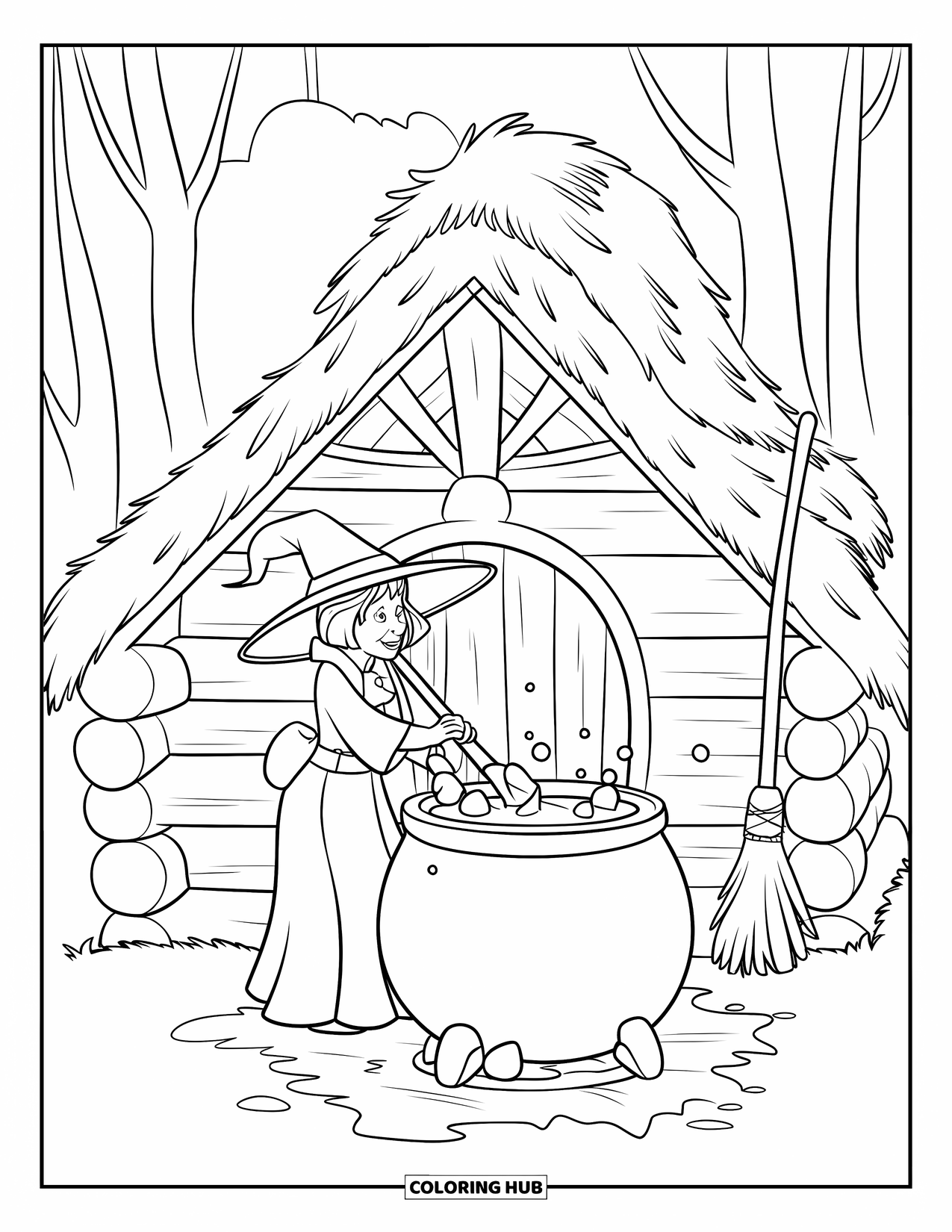 Fantasy Coloring Page for Kids: A witch stirs her cauldron inside a cozy hut deep in the forest