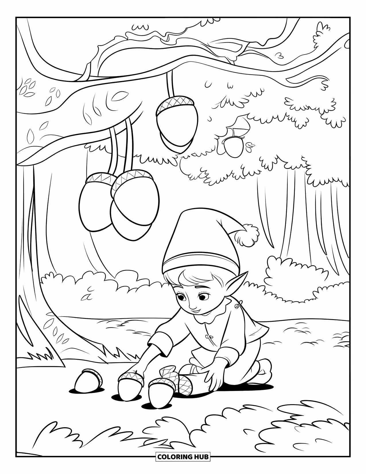 Fantasy Coloring Page for Kids: An elf gathers magical acorns under a glowing forest tree