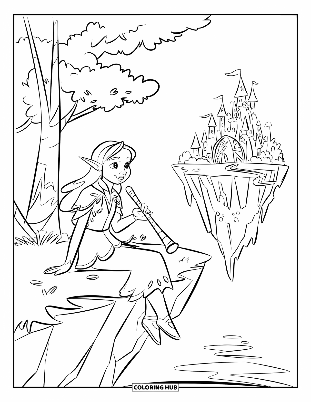 Fantasy Coloring Page for Kids: An elf girl with a flute rests on a cliff near a castle in the sky