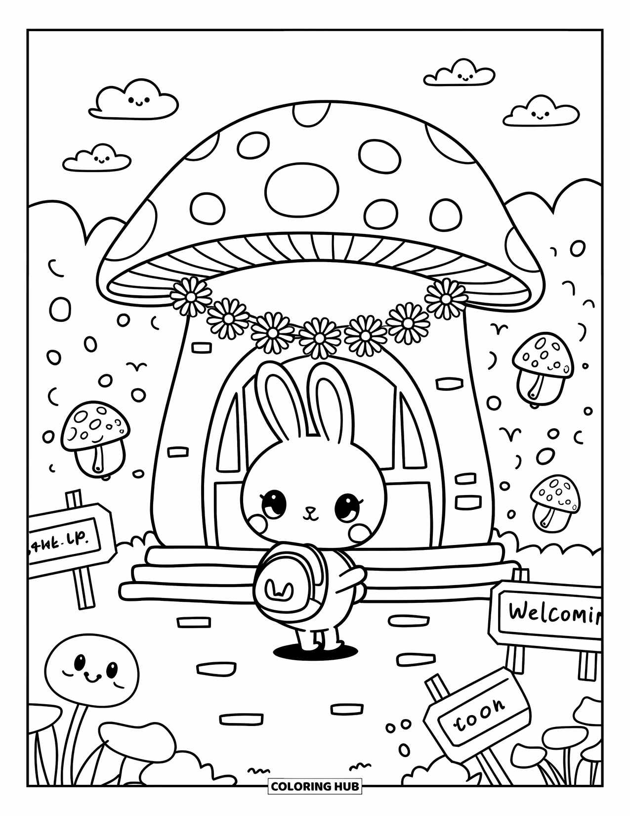 First Day Of School Coloring Page for Adults: A bunny with a backpack stands near a mushroom school with bells and welcome signs