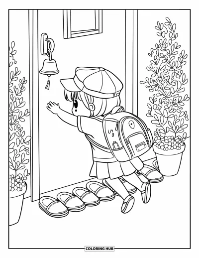 First Day Of School Coloring Page for Adults: A chibi kid struggles to open the door as plants and slippers welcome them inside