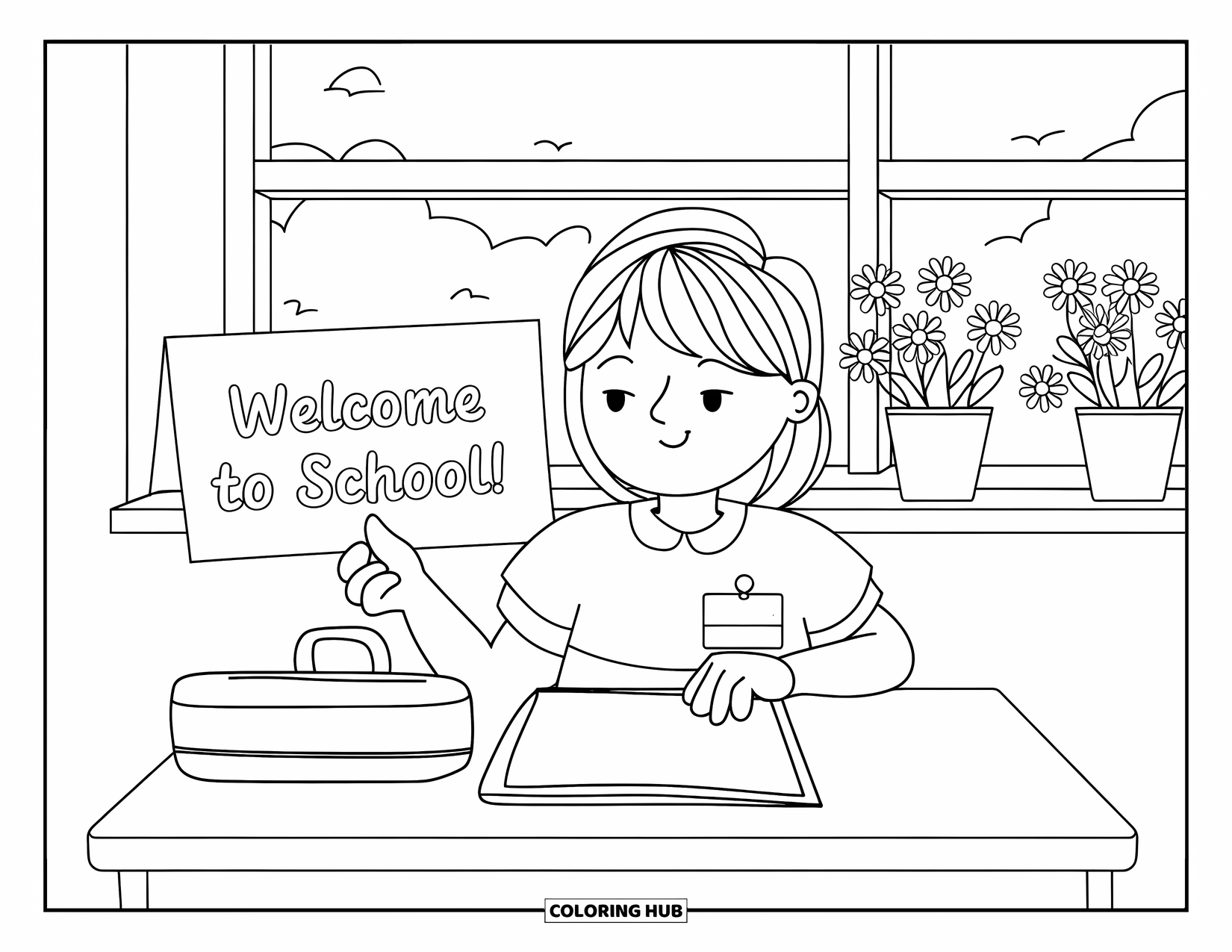 First Day Of School Coloring Page for Adults: A child sits at a desk with a name tag, welcome card, and daisies by the window