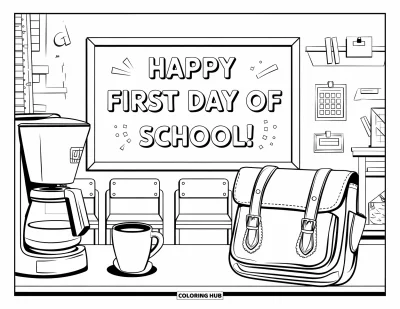 First Day Of School Coloring Page for Adults: A cozy teacher's lounge with chairs, coffee, and a cheerful bulletin board message