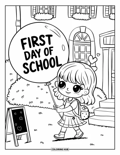 First Day Of School Coloring Page for Adults: A girl walks toward school holding a balloon that says "First Day of School"