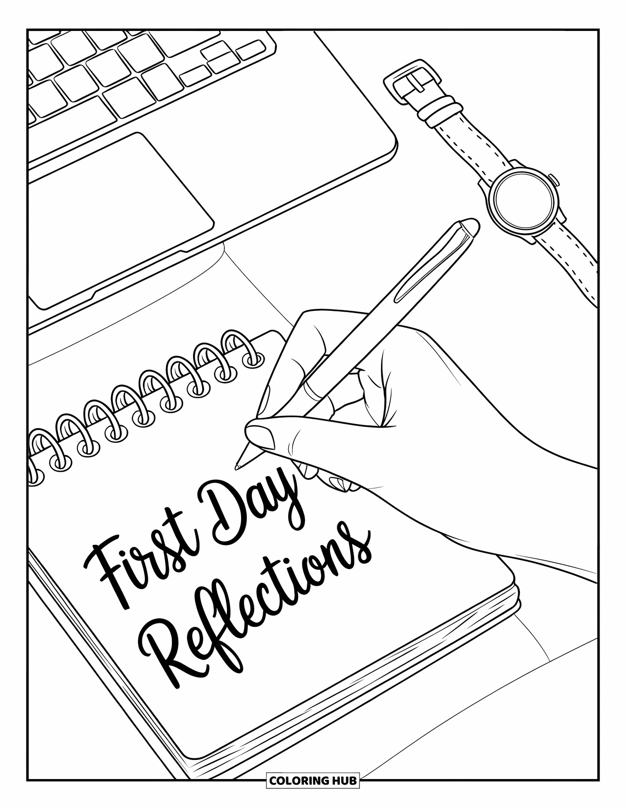 First Day Of School Coloring Page for Adults: A hand writes in a journal titled "First Day Reflections" beside a laptop and watch