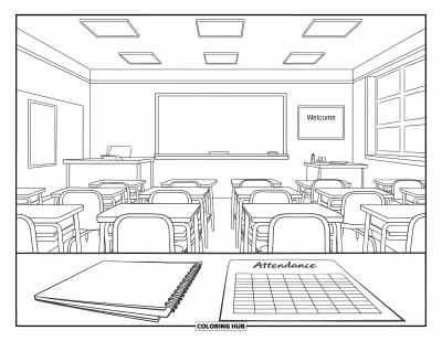First Day Of School Coloring Page for Adults: A quiet classroom setup with chairs, a welcome message, and a chalkboard
