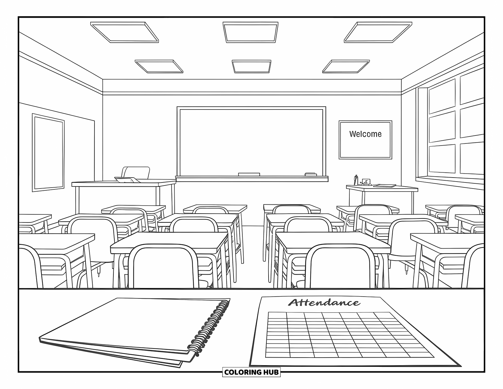 First Day Of School Coloring Page for Adults: A quiet classroom setup with chairs, a welcome message, and a chalkboard