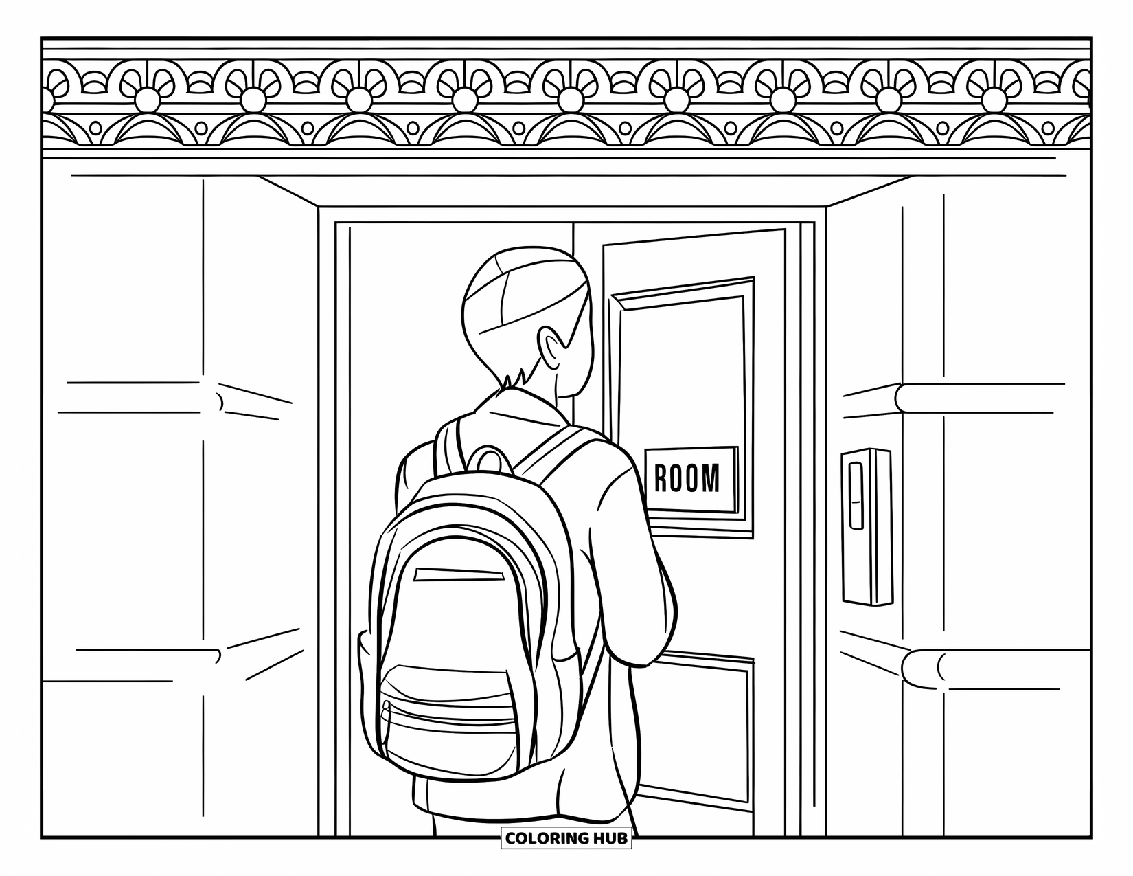 First Day Of School Coloring Page for Adults: A returning student with a backpack checks the classroom door under a patterned border