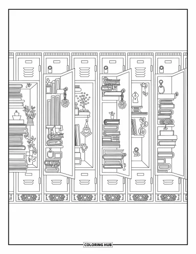 First Day Of School Coloring Page for Adults: A row of lockers filled with books, plants, and keychains, each decorated differently