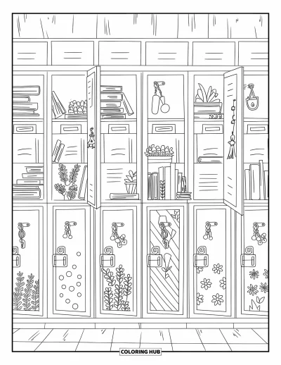 First Day Of School Coloring Page for Adults: A row of lockers with patterned doors, each filled with books and small plants