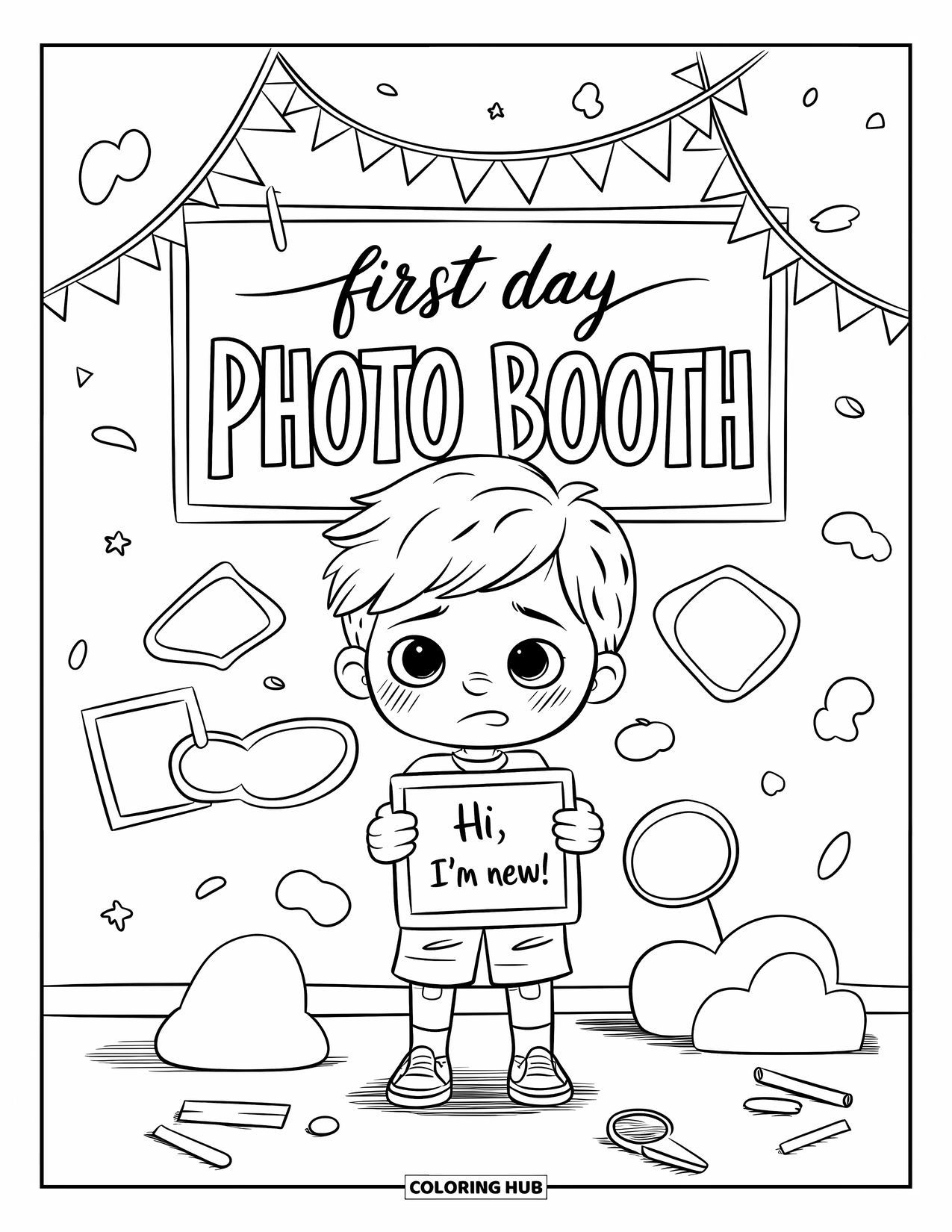 First Day Of School Coloring Page for Adults: A shy boy holds a chalkboard sign at a photo booth with cute props around him