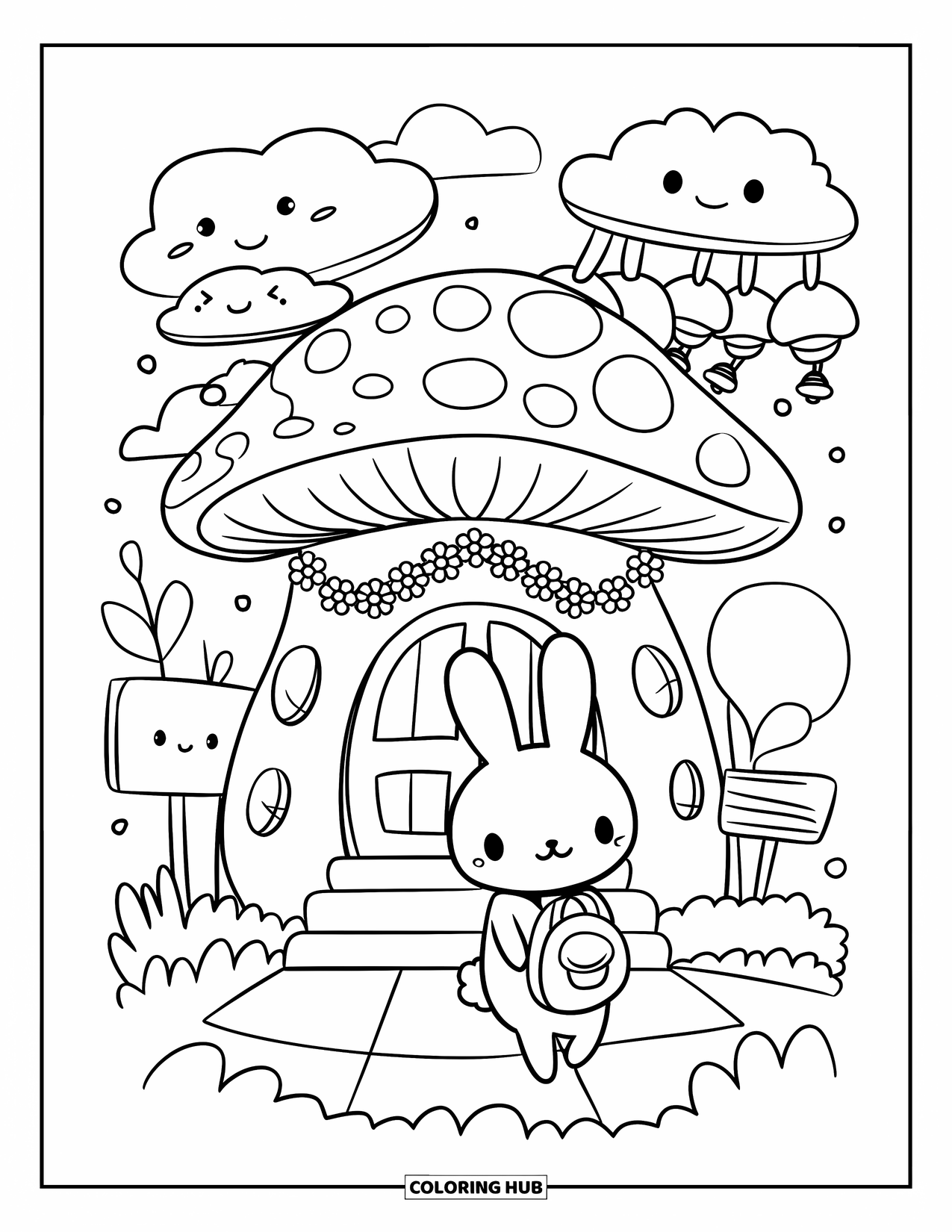 First Day Of School Coloring Page for Adults: A shy bunny waits beside a mushroom-shaped school with acorn bells and flower garlands