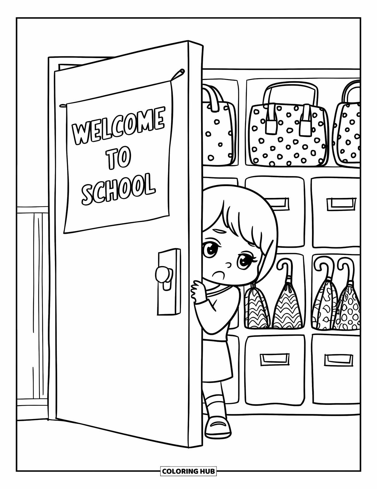 First Day Of School Coloring Page for Adults: A shy student peeks around the classroom door near cubbies and cheerful school bags