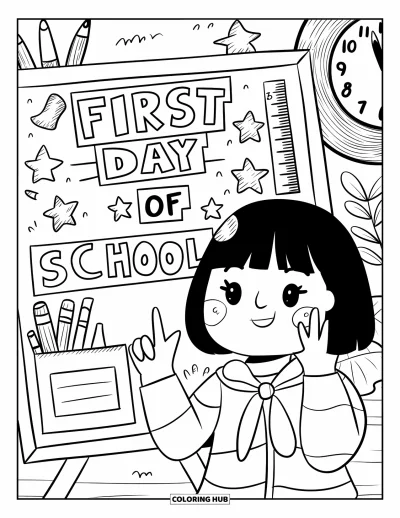 First Day Of School Coloring Page for Adults: A smiling kid stands next to a festive school photo board with stars and a height chart