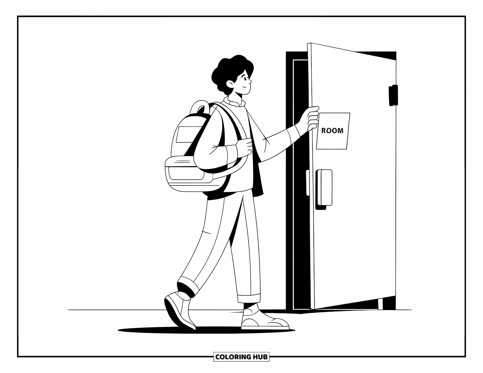 First Day Of School Coloring Page for Adults: A student holding a backpack pauses by a classroom door with a clean wall behind