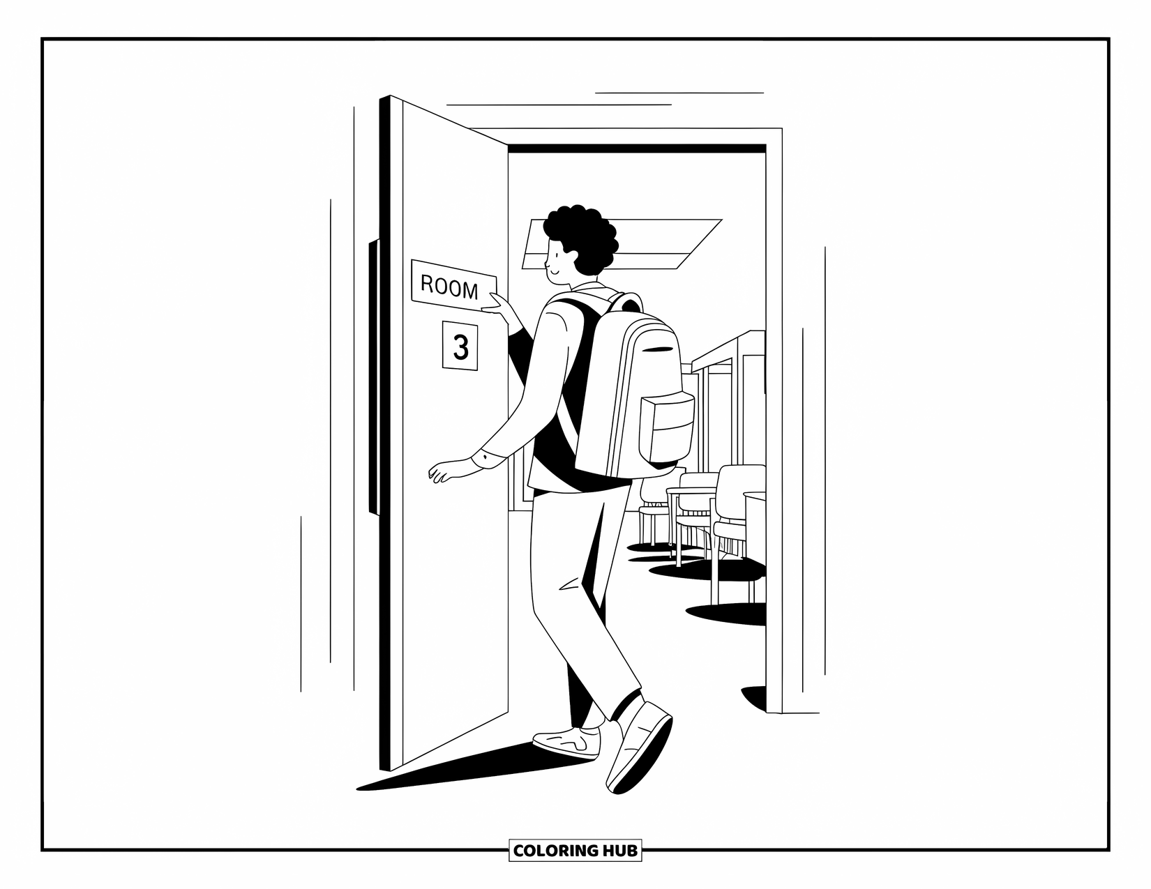 First Day Of School Coloring Page for Adults: A student with a backpack looks at the room number while entering class