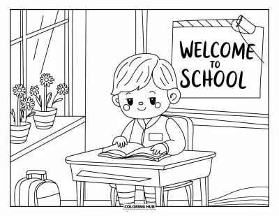 First Day Of School Coloring Page for Adults: A student with a name tag sits by a welcome card, lunchbox, and morning-lit daisies