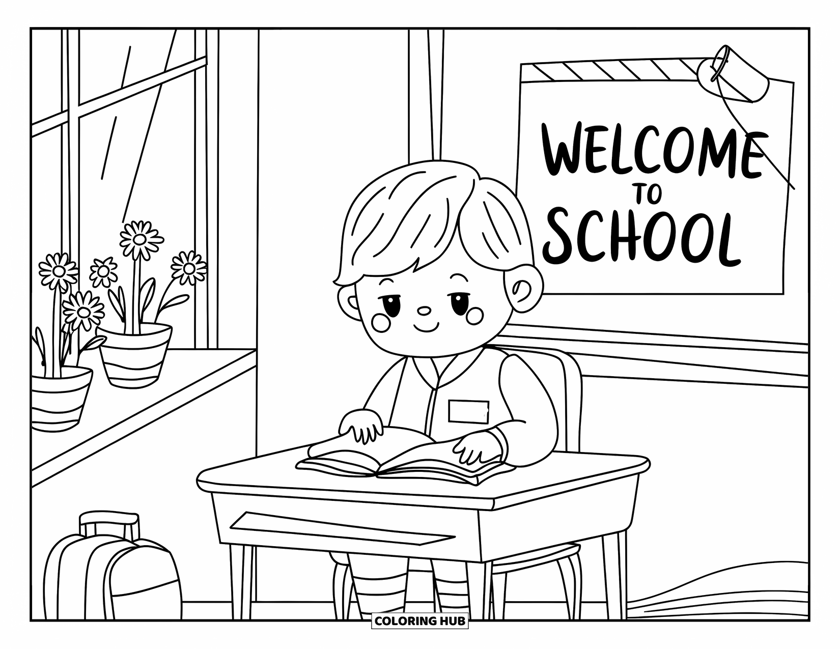First Day Of School Coloring Page for Adults: A student with a name tag sits by a welcome card, lunchbox, and morning-lit daisies