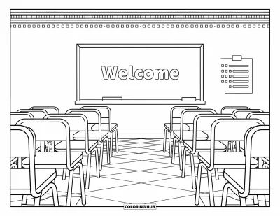 First Day Of School Coloring Page for Adults: A teacher's view of a classroom with neat chairs, attendance sheet, and welcome message
