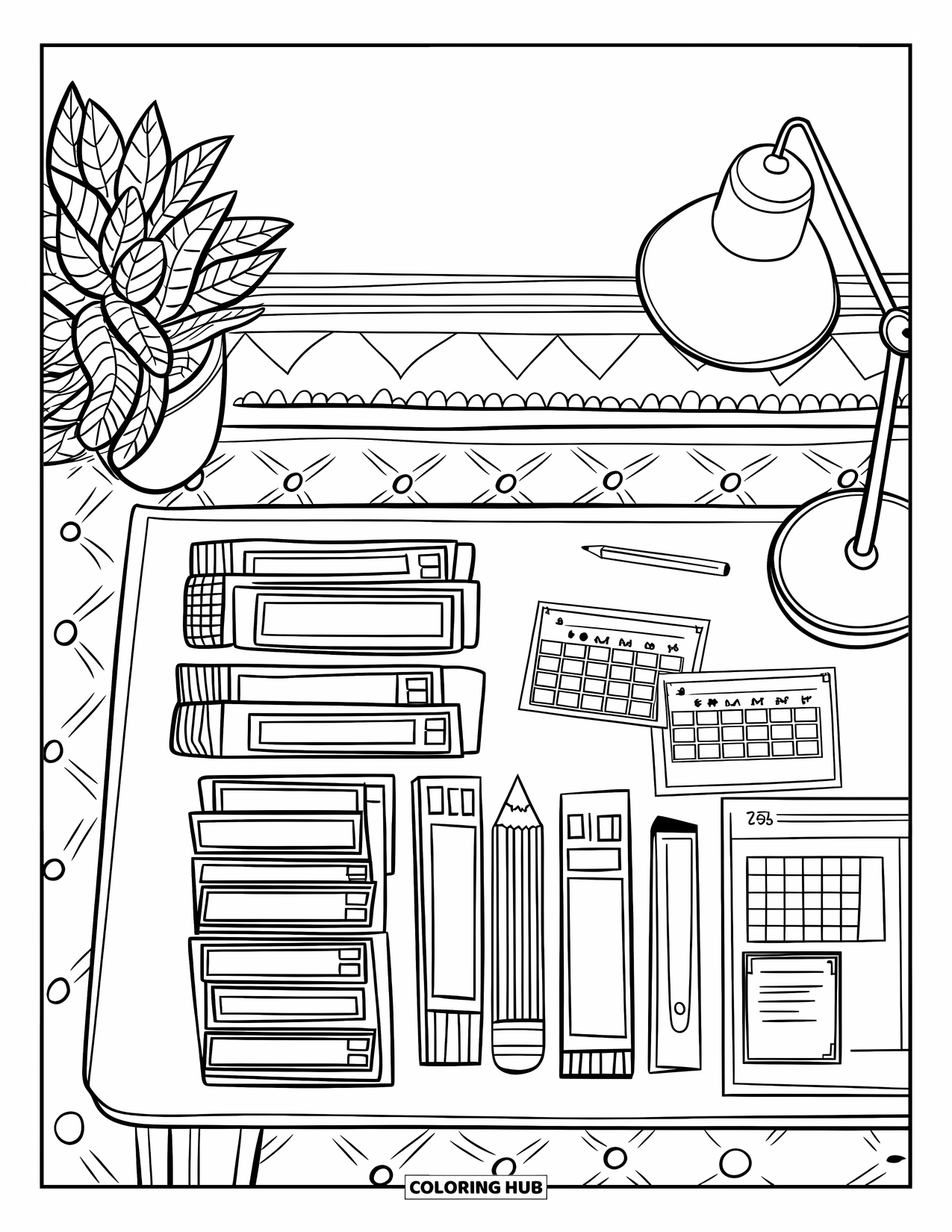First Day Of School Coloring Page for Adults: An organized desk seen from above with folders, a pencil, and a potted plant nearby