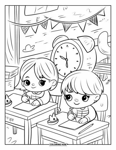 First Day Of School Coloring Page for Adults: Kids write on "First Day" sheets at cozy desks with flags and bunny erasers around them