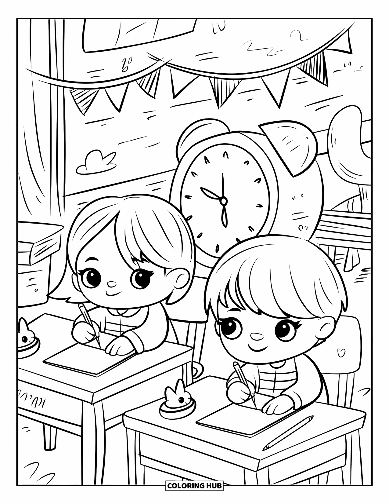 First Day Of School Coloring Page for Adults: Kids write on "First Day" sheets at cozy desks with flags and bunny erasers around them