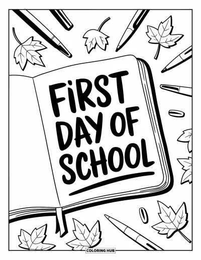 First Day Of School Coloring Page for Adults: Notebook with handwritten text and autumn leaves rests on a white surface with scattered pens