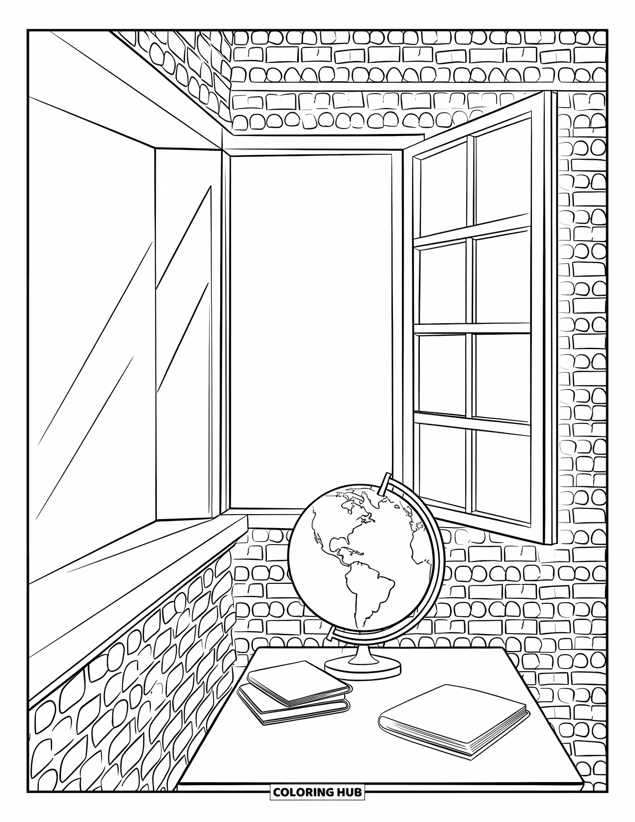 First Day Of School Coloring Page for Adults: Sunlight fills a classroom corner with a globe, books, and a desk by a brick wall
