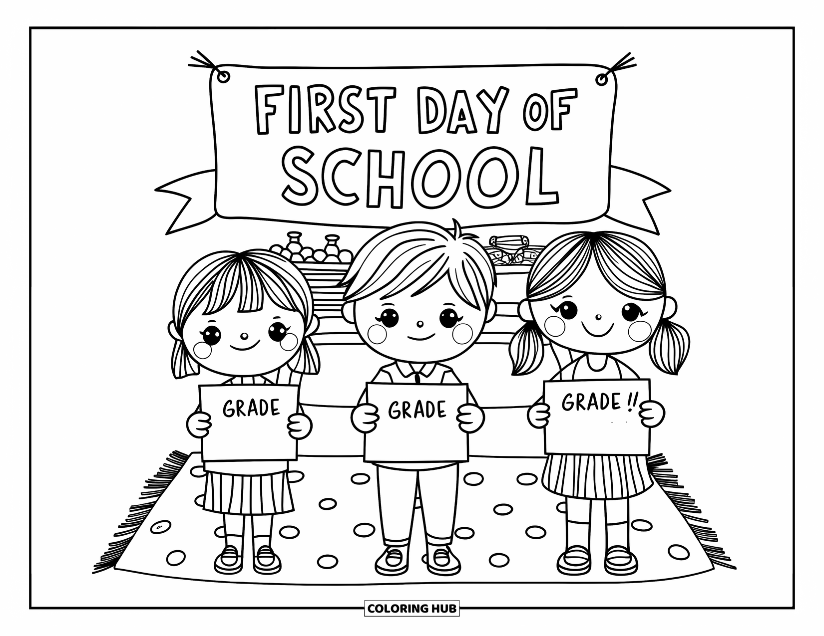First Day Of School Coloring Page for Adults: Three cheerful kids hold grade signs under a school banner with a rug and snack table