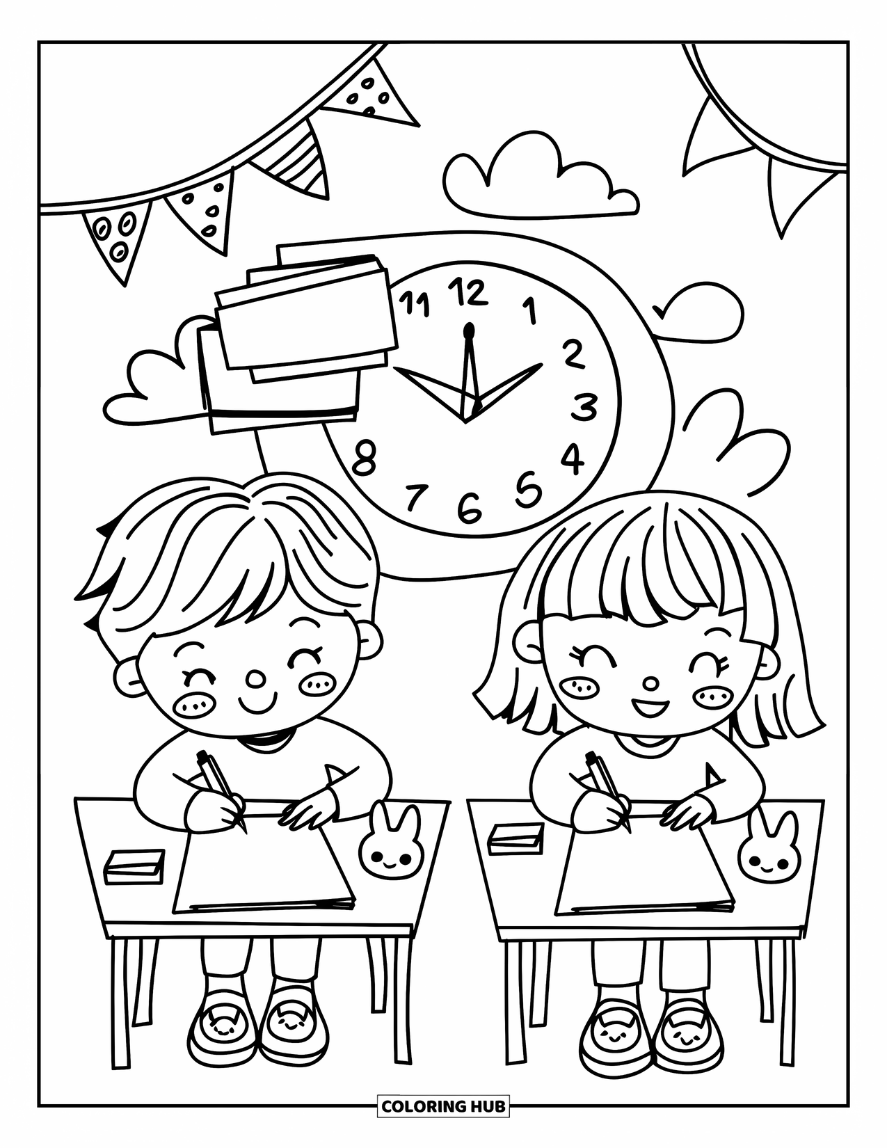 First Day Of School Coloring Page for Adults: Two kids write their names on worksheets under flag banners and a round clock behind them