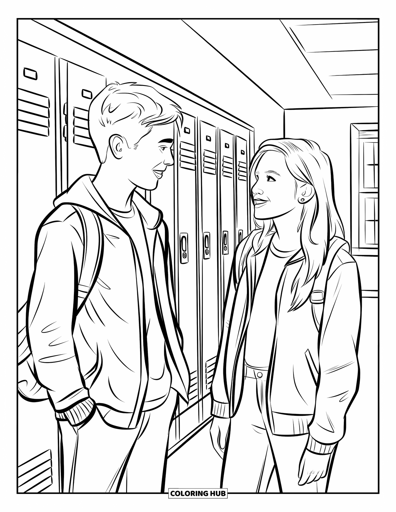 First Day Of School Coloring Page for Kids: A boy and girl talk near lockers in a bright school hallway