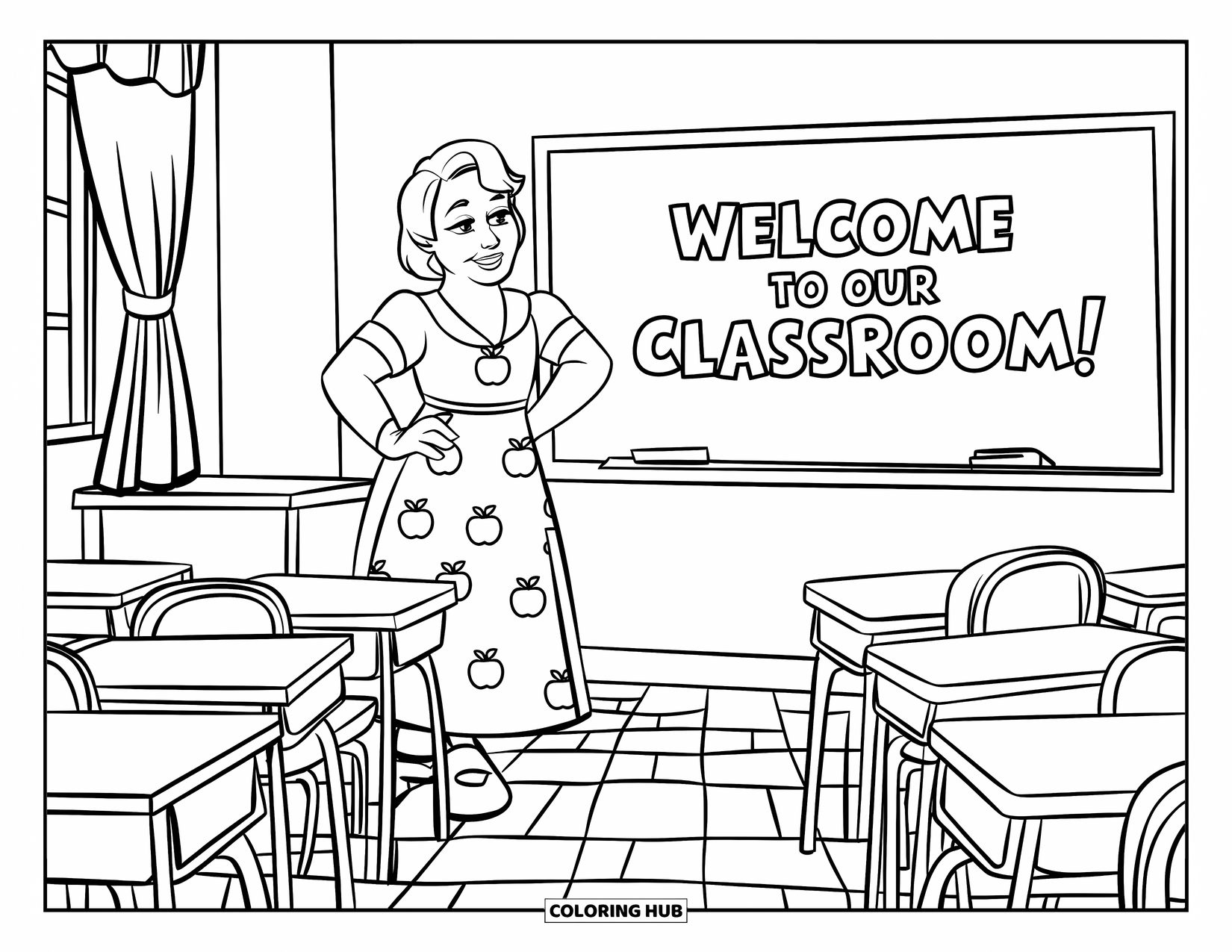 First Day Of School Coloring Page for Kids: A cheerful teacher in an apple dress stands in a bright classroom with rows of desks