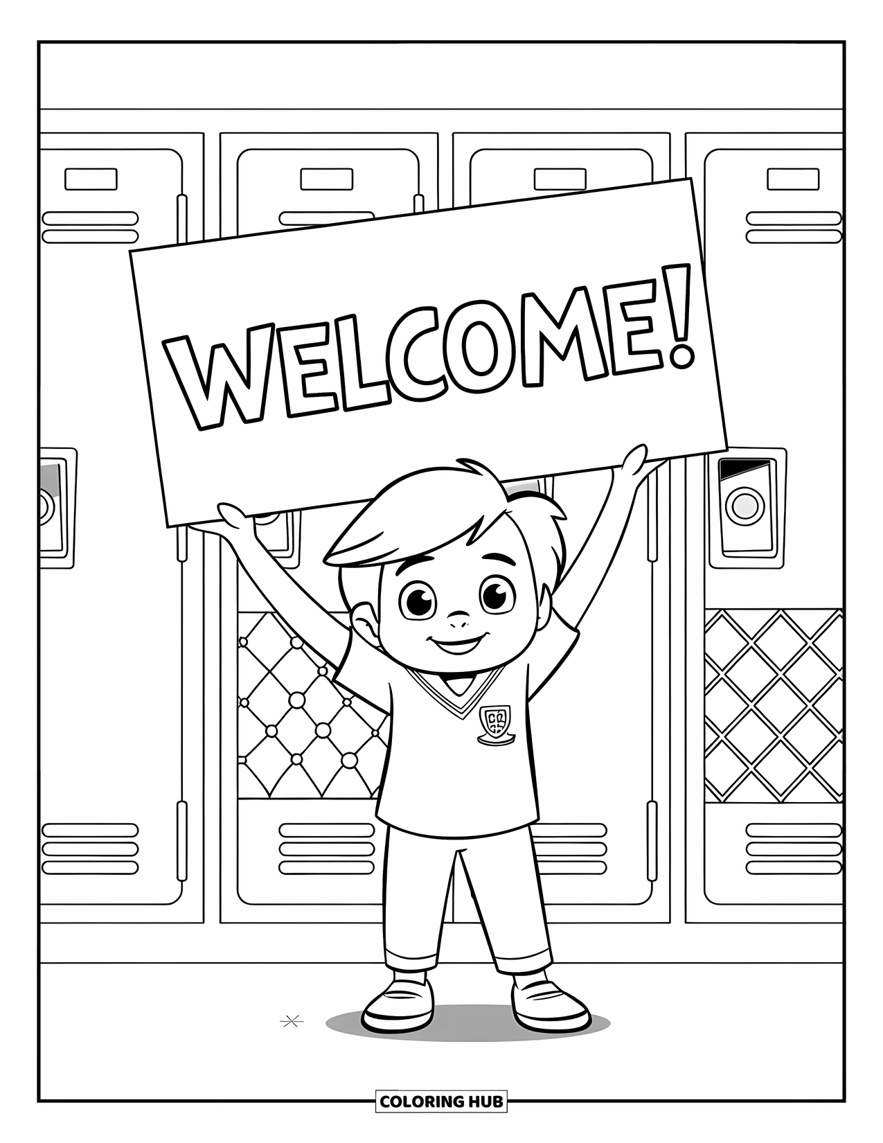 First Day Of School Coloring Page for Kids: A child in uniform stands by lockers holding a "Welcome!" sign