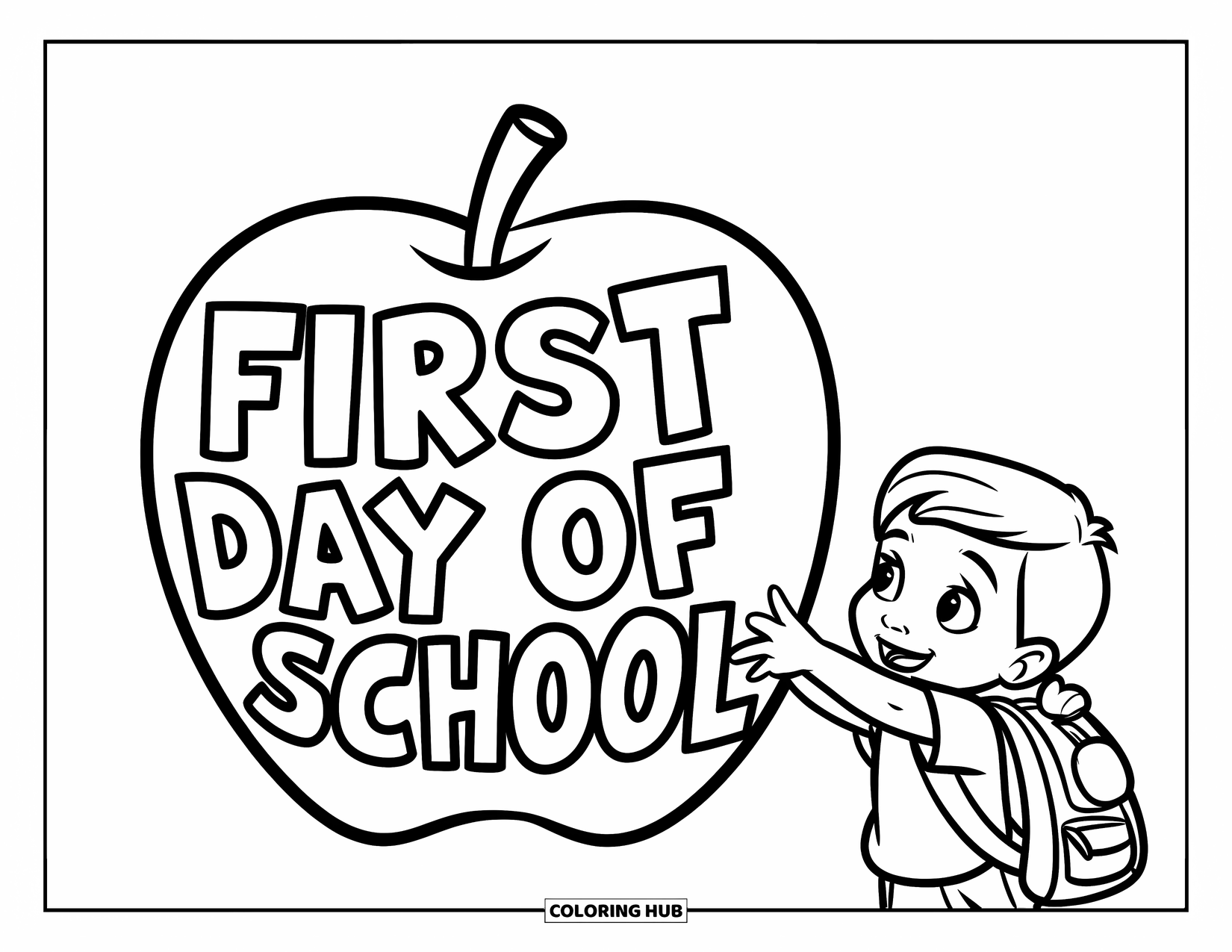 First Day Of School Coloring Page for Kids: A child with a backpack reaches for a giant apple that says "First Day of School"