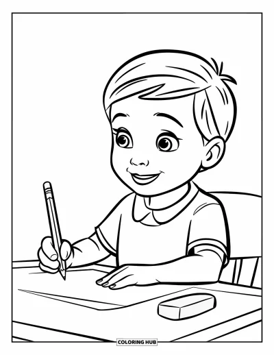 First Day Of School Coloring Page for Kids: A child with a bright smile holds a pencil while sitting at a desk