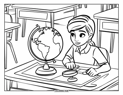 First Day Of School Coloring Page for Kids: A curious student explores a science station with a globe and magnifying glass