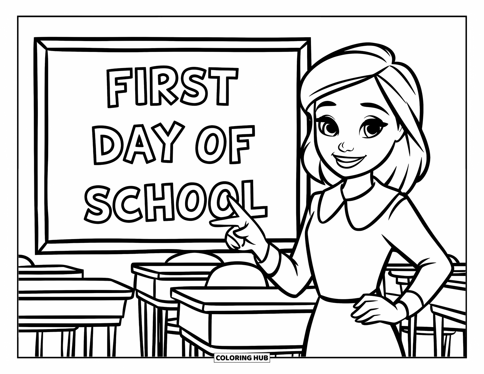 First Day Of School Coloring Page for Kids: A friendly teacher in a dress welcomes students with a "First Day of School" board