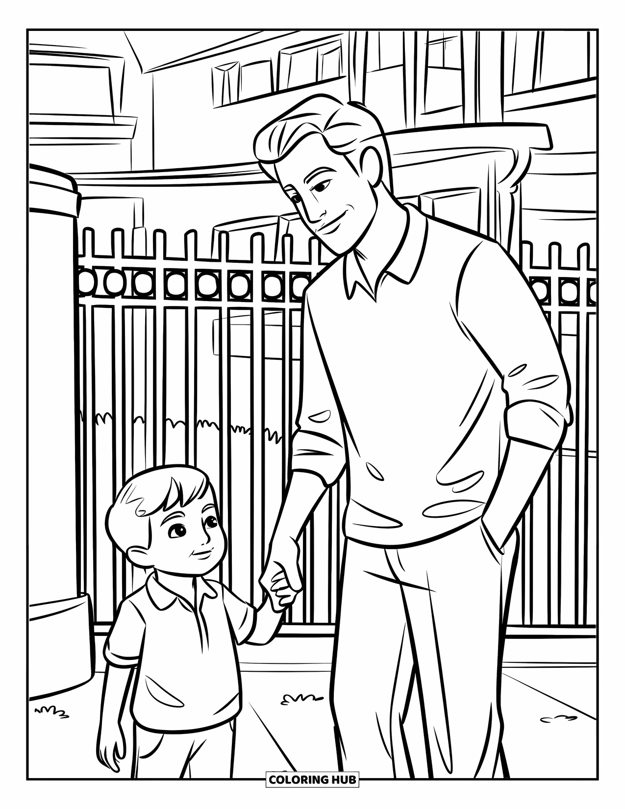 First Day Of School Coloring Page for Kids: A parent holds a child's hand near the school gate and a tall school building