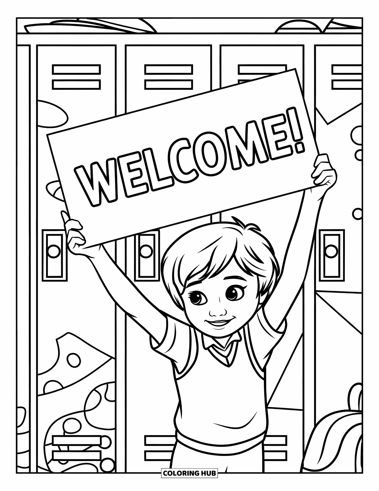 First Day Of School Coloring Page for Kids: A smiling child holds a "Welcome!" sign beside lockers with a backpack and hat nearby