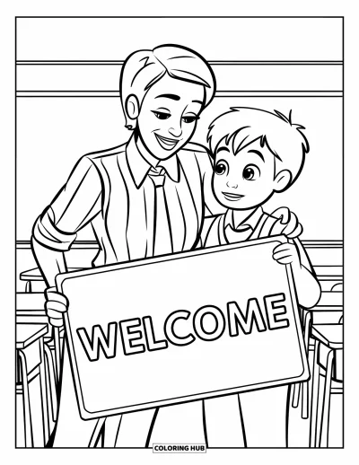First Day Of School Coloring Page for Kids: A smiling teacher greets a child with a welcome sign in a bright classroom