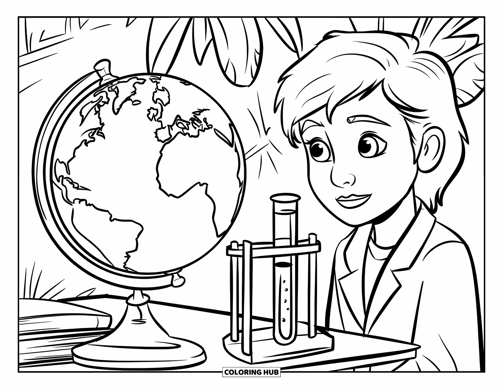 First Day Of School Coloring Page for Kids: A student in a lab coat studies items at a science station with plants nearby