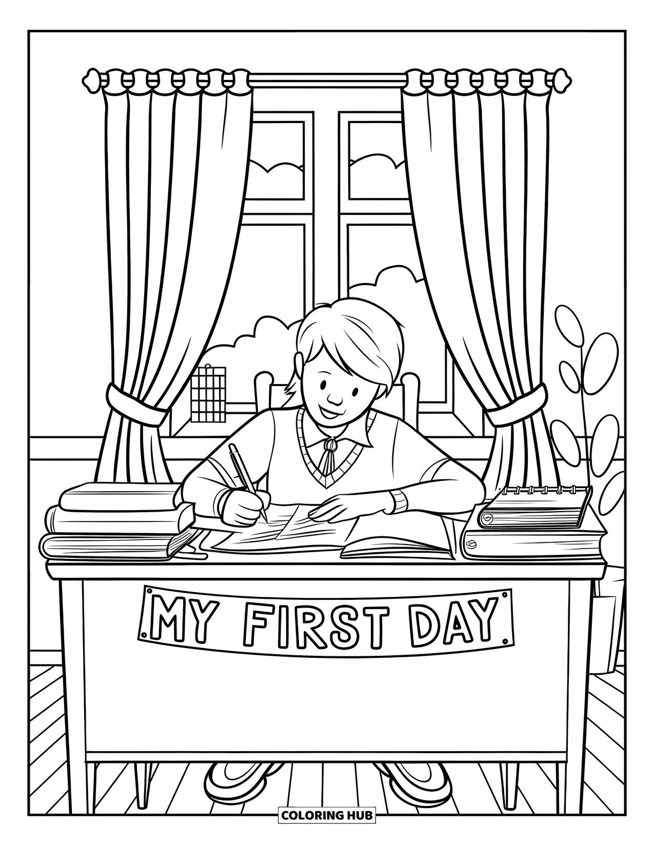 First Day Of School Coloring Page for Kids: A student in a striped shirt writes about their first day beside a window and plant