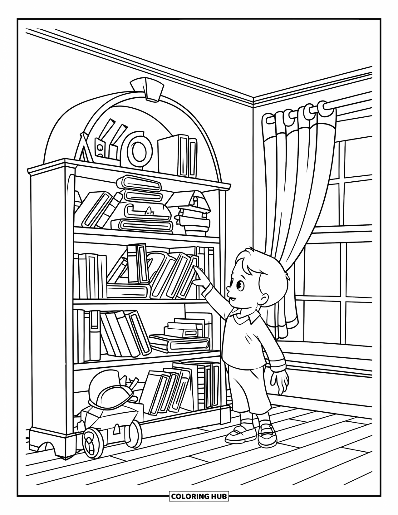 First Day Of School Coloring Page for Kids: A student reaches for a book on a shelf filled with books and playful items