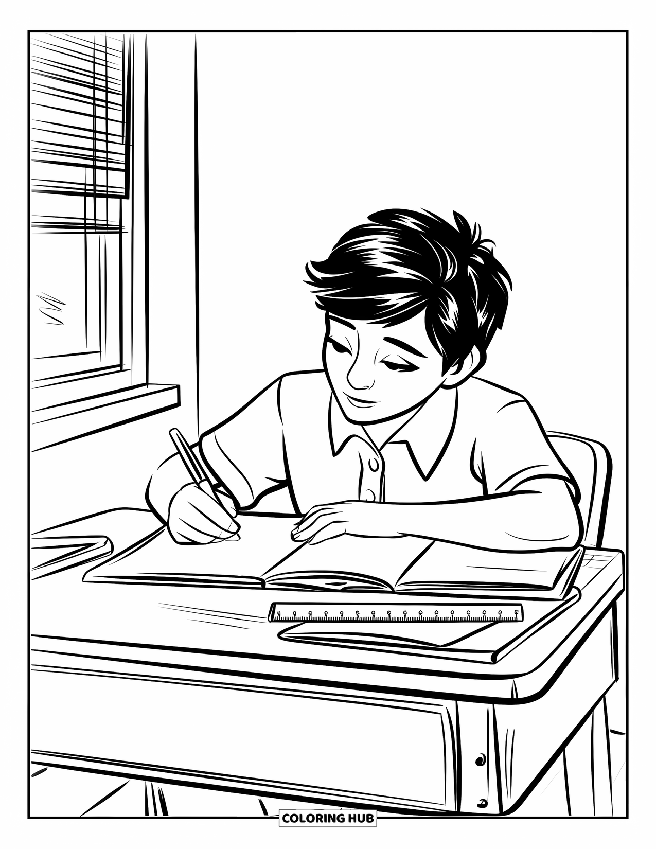 First Day Of School Coloring Page for Kids: A student with black hair pens their first-day entry at a tidy wooden desk
