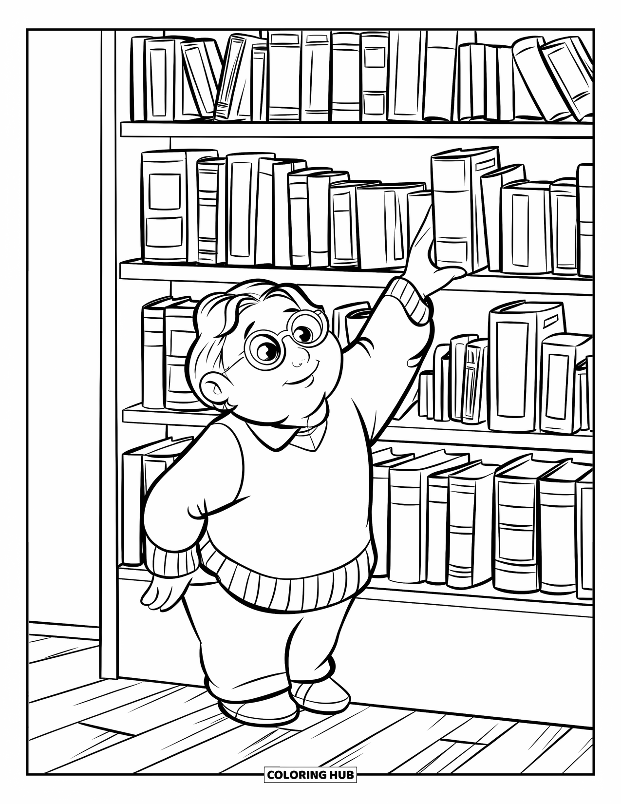 First Day Of School Coloring Page for Kids: A student with glasses reaches for a book from a packed bookshelf with wooden floors