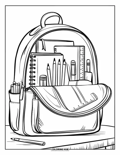First Day Of School Coloring Page for Kids: A table holds an open backpack neatly filled with school supplies