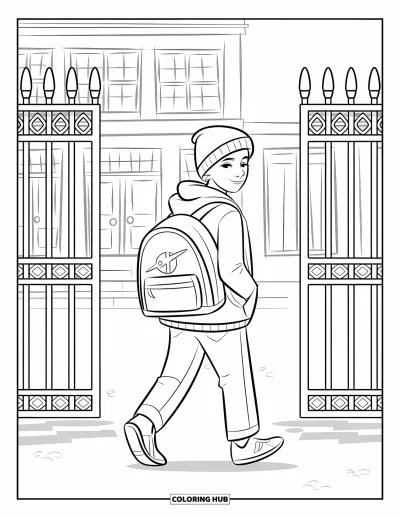 First Day Of School Coloring Page for Kids: A teen walks confidently through the school gates with a backpack and a beanie