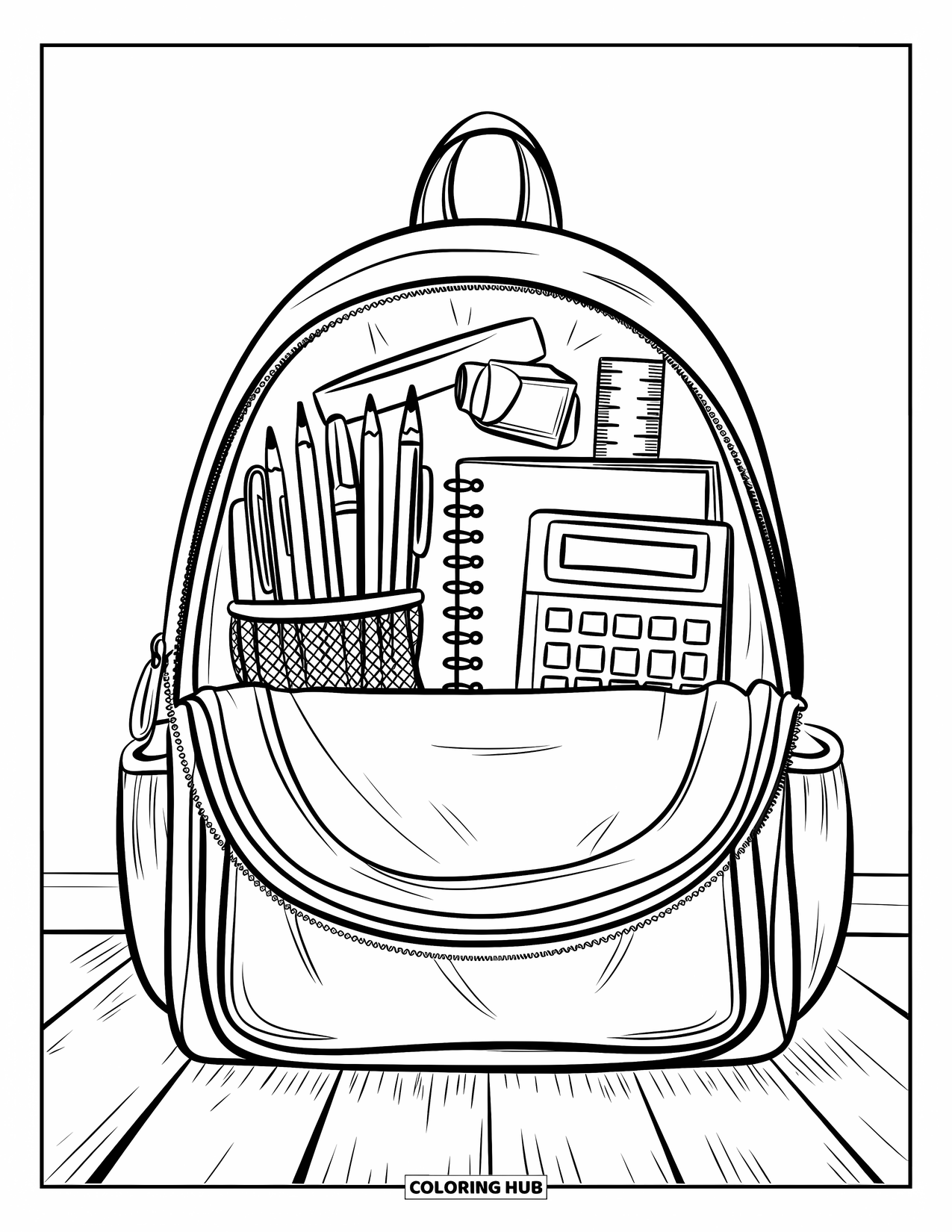 First Day Of School Coloring Page for Kids: An open backpack neatly displays school supplies on a wooden floor